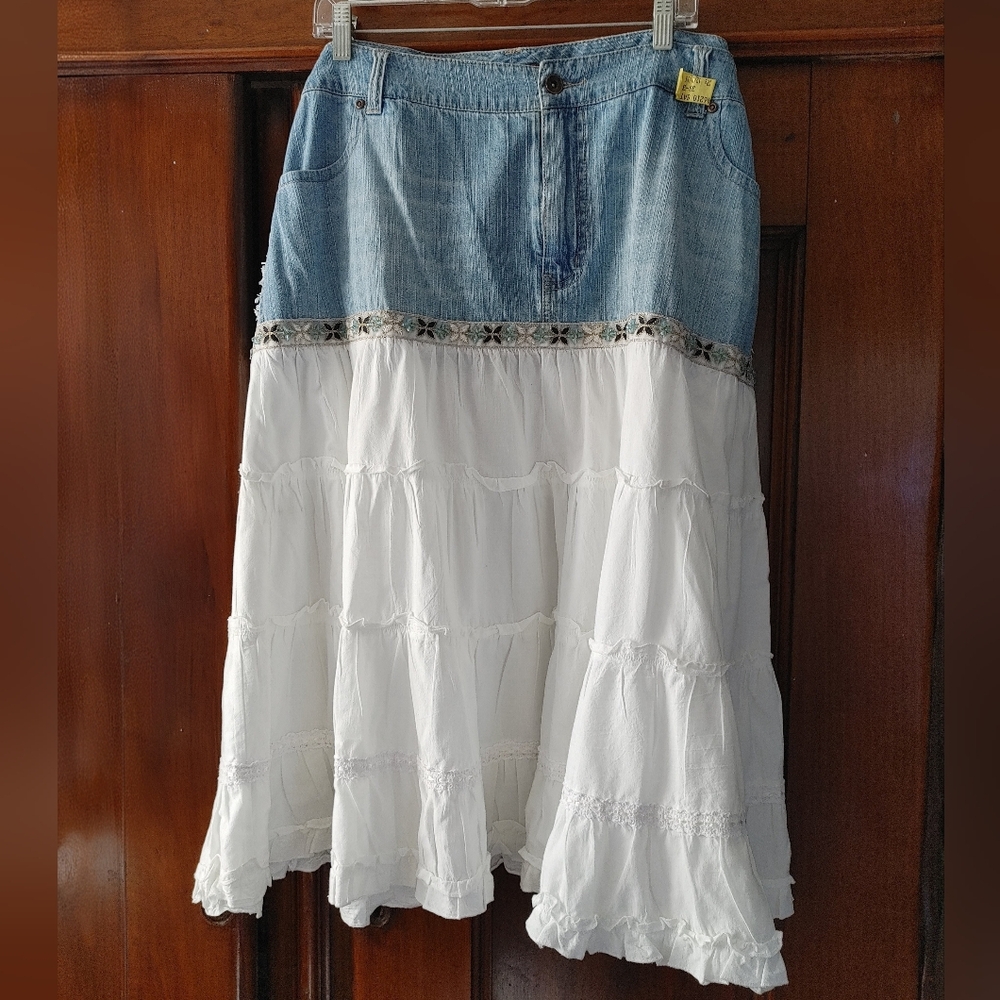 Beaded Denim and White Tiered Skirt country dance US 26W